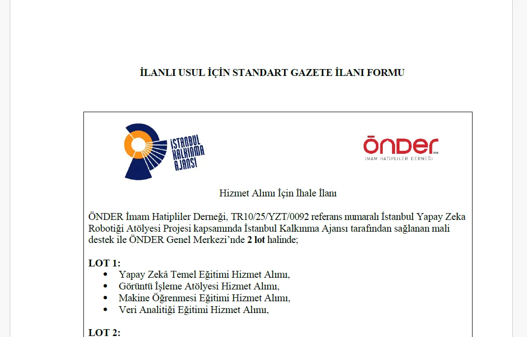 ÖNDER İMAM HATİPLİLER DERNEĞİ'NDEN HİZMET ALIMI İÇİN İHALE İLANI